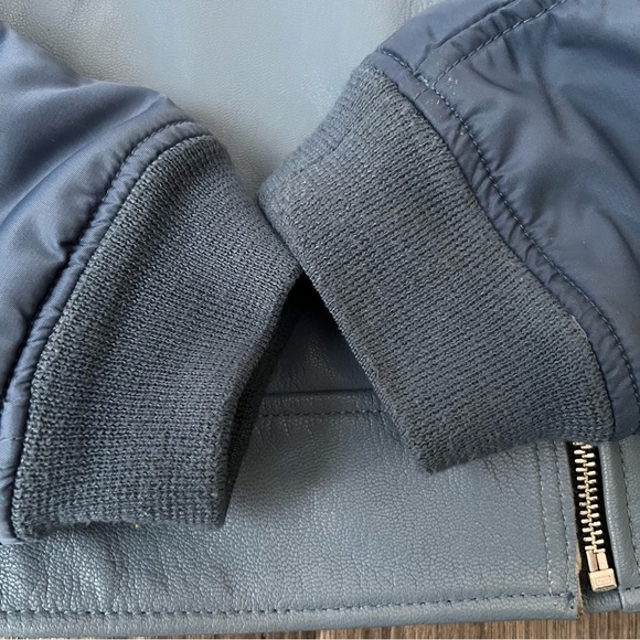 Sandro Blue Goat Leather Coat Biker Moto Bomber Jacket with Pleated Sleeves - Picture 7 of 16